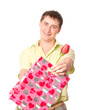 young man wih rose and pink bag, isolated on white background