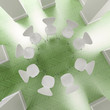 Aerial view of a circle of white chairs on a green floor Aerial view of a circle of white chairs on a green floor