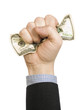 A man´s fist wrapping a one hundred dollar bill with his hand.