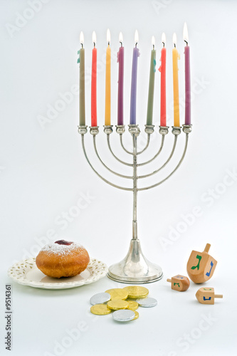 Hanukkah Menora, Dreidel, Chocolate Gelt, Donuts, Over White