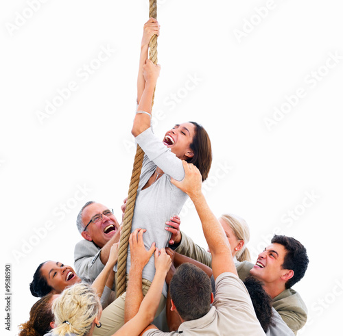 Photo: Young woman trying to escape the grasp of competition. Young woman trying to escape the grasp of competition.