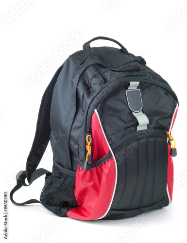 Photo: Style black with red colored backpack isolated over white Style black with red colored backpack isolated over white