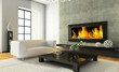 View on the modern interior with fireplace 3D rendering View on the modern interior with fireplace 3D rendering