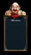 Vintage menu frame with hungry dummy isolated in black