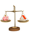 Choice - piggy bank and house on bowls of scales Choice - piggy bank and house on bowls of scales