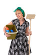 cute woman with mop, bucket & cleaner, on white, text space