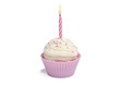 Pink cupcake with candle on white background