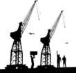 Illustration: Silhouette of harbour workers and port cranes Silhouette of harbour workers and port cranes