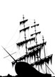 Black old ship at the sea ground