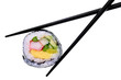 sushi and chopsticks isolated on white background