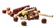 Chocolate and diverse pralines, isolated on white