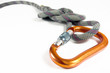 A locking carabiner and a knot isolated against  white
