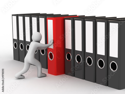 man and row of the folders on white background