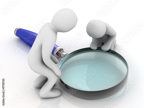 magnifying glass and two persons on white background