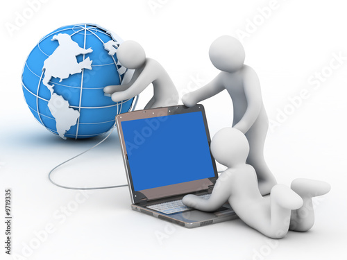 Photo : globe, group of the people and notebook on white background globe, group of the people and notebook on white background