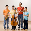 Confident musicians holding saxophone, cello, flute and clarinet