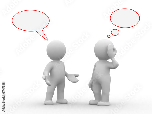 Illustration: two 3d humans with empty chat and idea bubbles two 3d humans with empty chat and idea bubbles