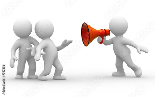 Illustration: two 3d humans look at human with megaphone two 3d humans look at human with megaphone