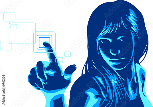 Illustration: girl smiling pushing virtual access button girl smiling pushing virtual access button