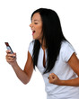 Junge Frau hat Freude mit SMS Nachricht