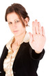Woman indication stop, looking annoyed