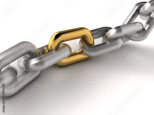 A chain with an oustanding golden link - rendered in 3d