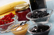 Glass bowls with blueberry and banana jam Glass bowls with blueberry and banana jam