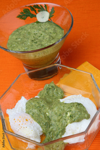 Photo: Salsa verde and cottage cheese sauce in glass bowl Salsa verde and cottage cheese sauce in glass bowl