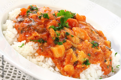 Photo: A bowl of chicken curry over steamed white rice. A bowl of chicken curry over steamed white rice.