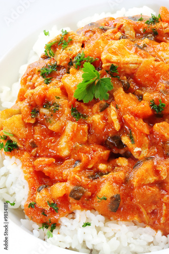 Photo: Chicken curry over steamed white rice. Chicken curry over steamed white rice.