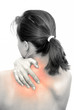 Pian in neck marked with red on BW body of young woman Pian in neck marked with red on BW body of young woman