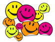 A collection of yellow, orange and pinkish smiley face stickers A collection of yellow, orange and pinkish smiley face stickers