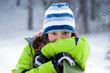 Laughing beautiful girl snowboarder, snowfall