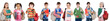 Many children students returning to school on a white background