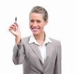 Closeup portrait of a young woman with pen isolated on white Closeup portrait of a young woman with pen isolated on white