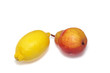 fresh yellow lemon and red pear isolated on white background