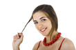 beautiful Young woman smiling and grabbing his hair beautiful Young woman smiling and grabbing his hair