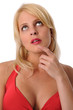 Young woman in red dress thinking Young woman in red dress thinking