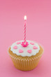 Single cupcake with pink lit candle in a pink setting