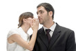 beautiful woman telling something to man with background