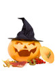 Halloween carved pumpkin with maple leafs and rowan berries Halloween carved pumpkin with maple leafs and rowan berries