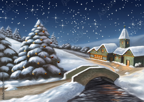 Enchanted Christmas landscape. Digital illustration.