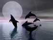 3D render, dolphins playing in the moonlight