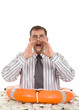 Isolated man surrounded by bills of dollars screaming