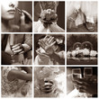 Collage of nine wedding photos in sepia