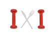 two red barbells and rechristen plastic spoon and fork