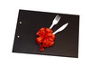 plastic spoon and fork on a black file with red bow