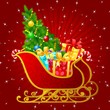 Santa Claus sleigh with gift boxes and christmas tree