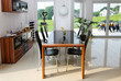 Details of a modern dining room.