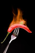 Hot Chilli - Pfefferoni auf Gabel in Flammen Hot Chilli - Pfefferoni auf Gabel in Flammen